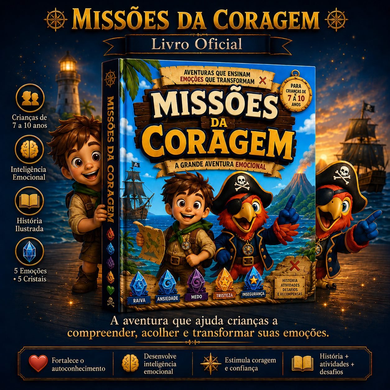 Livro Missões da Coragem em destaque, com Nico e Capitão Pipo