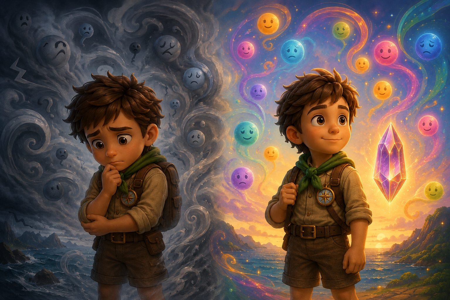 Nico antes e depois de descobrir o Cristal da Coragem