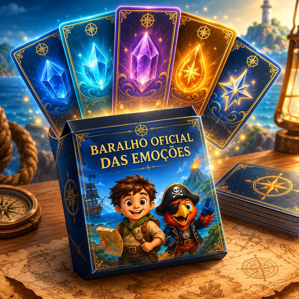 Baralho Oficial das Emoções com as 5 cartas de cristal em leque