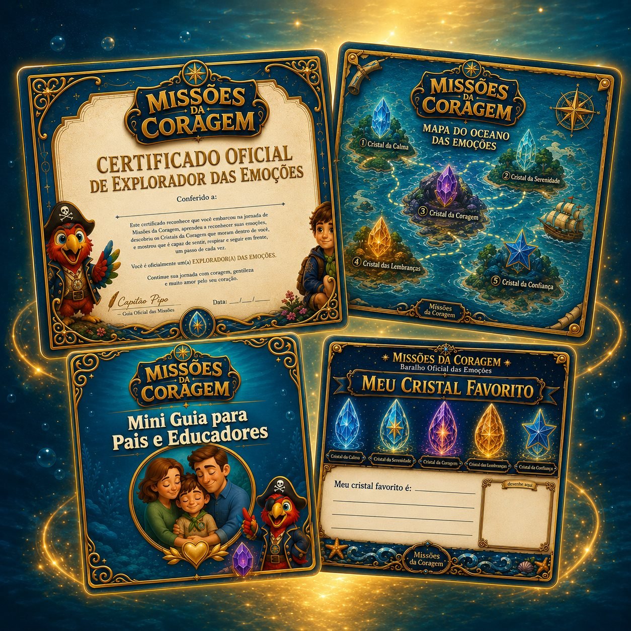 Os 4 bônus gratuitos: Certificado, Mapa Interativo, Mini Guia e Cartão do Cristal Favorito